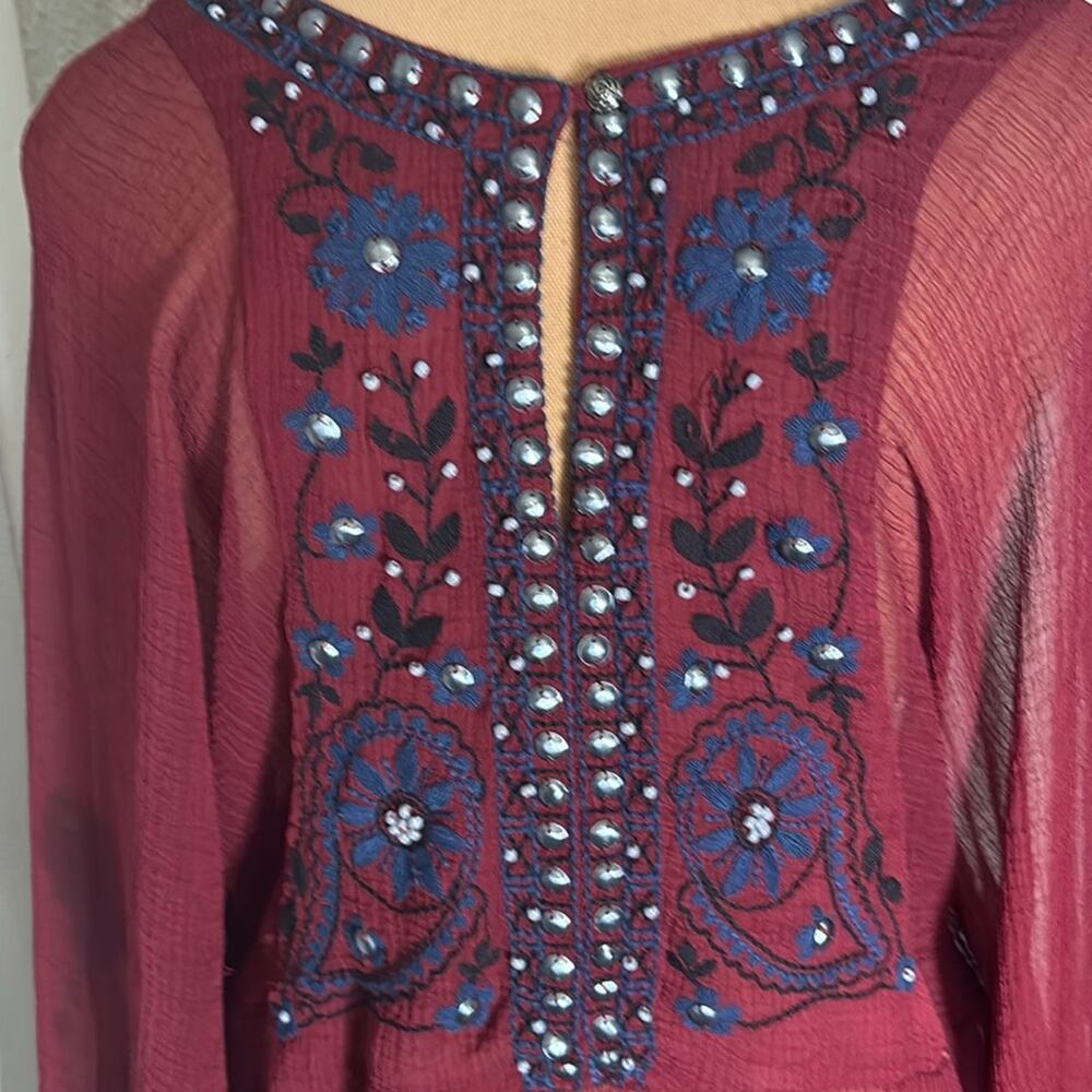 Free People Promesa Peasant Tunic Blouse Sheer Beaded Embroidered Boho M Indie - Picture 6 of 10